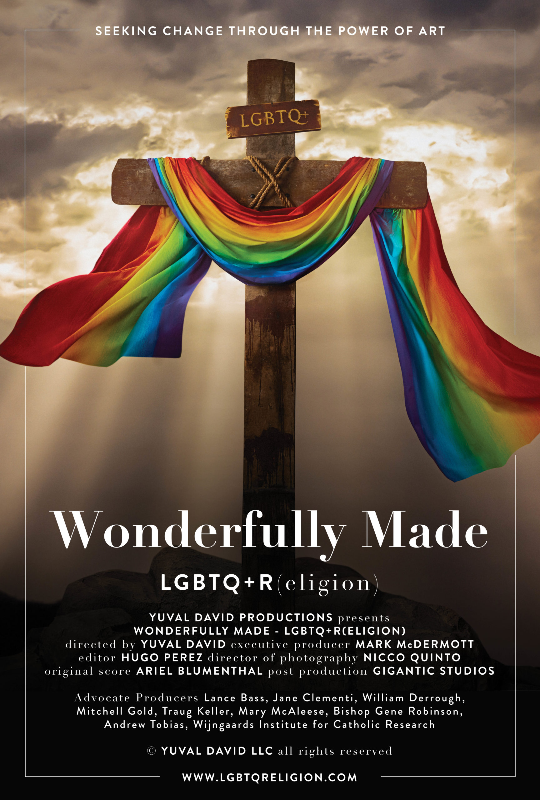 Poster for Wonderfully Made LGBTQ+(R) showing a cross draped with a rainbow stole.