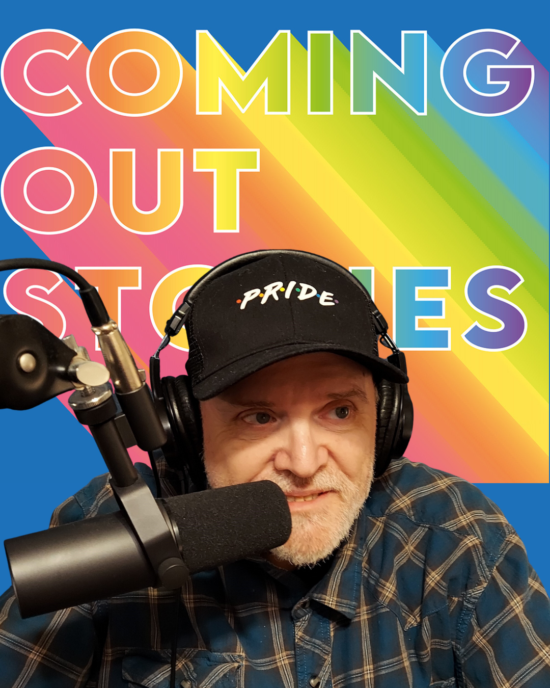 Brad Shreve in front of the artwork for the Coming Out Stories podcast